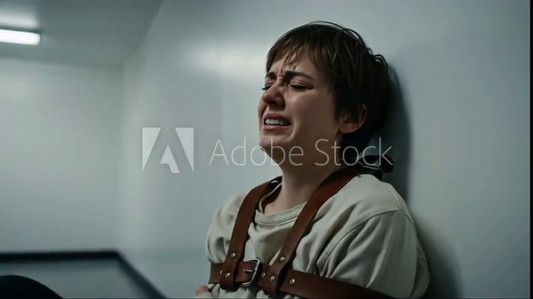 Woman in a straitjacket showing distress in an institutional setting. Concept of mental health, confinement, and emotional struggle.