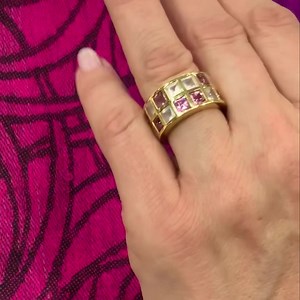 Rugiada Pink Tourmaline Checkerboard Ring - - - - Who loves checkerboards? This one is made in France! Set with 7 square cut cabochon pink tourmalines, 2.79ct total weight, with 7 square cut cabochon colourless quartz, 2.46ct total weight, set in 18kt yellow gold. Ring size 6.5. Facebook: www.cynthiafindlay.com/antique-vintage-estate-jewellery/rings/tourmaline/rugiada-pink-tourmaline-and-quartz-ring-87135.html - Voted Best Jewellery Store - - - - #cynthiafindlay #frenchjewellery #pinktourmaline 