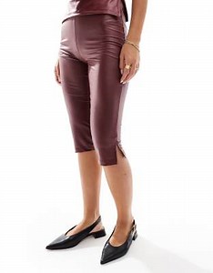 ASOS DESIGN wet look ruched asymmetric high neck top and capri pants in burgundy | ASOS