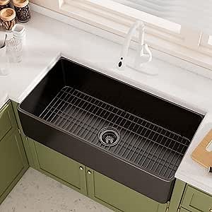 Mondawe Matte Black 36 inch Fireclay Farmhouse Sinks, Single Bowl Farm House Deep Kitchen Sink with Bottom Grid & Basket Strainer, 36x18x10