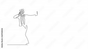 Self drawing animation of single line draw businessman with round scribbles instead of head. Man stop gesture, manager covering eyes. Embarrassed, negative. Continuous line draw. Full length animated