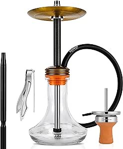 Kitosun Rano Hookah Complete Set - Stainless Steel Hookah with Everything Hose Clay Bowl Charcoal Holder Tongs Handle and Hidden Purge Valve, Except Shisha Flavors or Coals (Gold+Carbon Fiber)