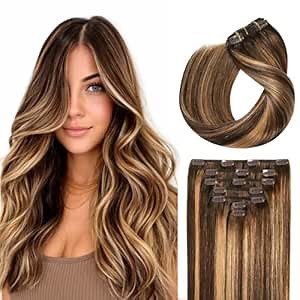 Evala Clip in Hair Extensions, 7pcs Real Human Hair 14 inch 110g Clip ins #P4/27/T4 Brown with Caramel Blonde Highlights