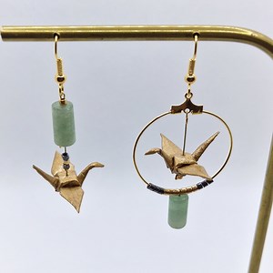 Asymmetrical Origami Aventurine Earrings, Natural Stone and Japanese Paper Crane Folding, Green and Gold - Etsy