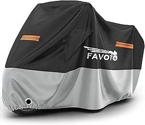 Favoto Motorcycle Cover Waterproof with Air Vents Universal 104 inches in Length Heavy Duty Oxford Fabric with Lock-Hole 3 Night Reflectors Windproof Buckles Rain Dust Sun Outdoor Protection