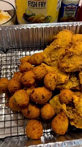 Fish Fry at our lake house this weekend! This is a huge family favorite. I used crappie I caught at Cedar Creek Lake. •Soaked the filets in a little mustard & milk for 2 hours. The twang is great! Rinsed, patted dry. • Dredged in Louisiana Fish Fry Products New Orleans Fish Fry with tons of our Honey Hog Hot (jalapeño) in it. • Dipped in an egg Miller Lite wash • Dredged a 2nd time in the fish fry • Fried at 325° in peanut oil Don’t @ me on these store bought jalapeño hush puppies from Brookshir