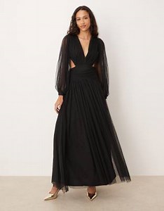 Lace & Beads plunge drop hem tulle maxi dress in black | ASOS