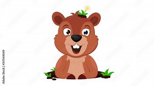 Animation groundhog jumps out of the hole and yawns, alpha channel. Groundhog day.