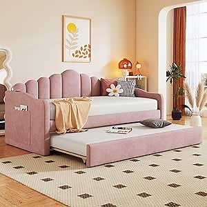 Elegant Twin Size Upholstered Daybed with Trundle and USB Charging Ports, Velvet Sofabed for Kids Adults Bedroom,No Box-Spring Needed (Pink+Trundle/USB, Twin)
