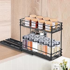 Generic 4-Inch Wide 2-Tier Sliding Spice Rack, Stainless Steel, Black, 35% More Capacity, Easy Access, Sturdy Construction, Measures 4.33 x 11.42 x 8.27 Inches