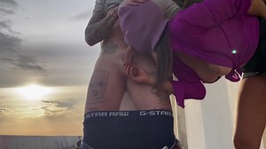 Fucked a real stranger in the park on a bench with a big dick, cum in mouth at sunset