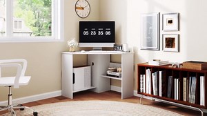 LDAILY Moccha Corner Desk, Space-Saving Triangle Computer Desk with Storage Shelves and Cable Holes, Multi-Functional Makeup Vanity Table for Bedroom, Writing Desk for Small Spaces Office Bedroom