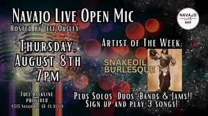 ~ Gearing Up for An Awesome New Week @ Navajo Live!!! Calendar of Events: 08-05-24 ~ 08-11-24. PLEASE SHARE!!!! Monday ~ 7pm - Karaoke w/KJ Kris Tuesday ~ 8pm - Kick-Ass Karaoke w/KJ Christine Wednesday ~ 8:30pm - Dark Wave Garden w/Vanta After Dark and ASNT (Dark 80s & Synthwave) - $5 Cover Thursday ~ 7pm - NL Open Mic w/Host, Jeff Ousley ~ Artist of the Week ~ Snakeoil Burlesque & much more!- Plus Solo, Duo, Bands & Jams!!! Sign up and play 3 songs: https://www.facebook.com/events/480845358220