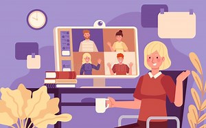 Online Meeting. Video Conference Woman Online Meeting with Colleagues, Remote Work Using Computer, Collective Virtual Chat Vector Stock Vector - Illustration of conversation, screen: 287621584