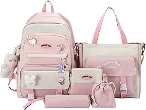 Kawaii Backpack Set 5pcs Aesthetic Backpack for School Teens Girls Multiple pockets Daypack Large with Pendants and Pins