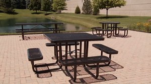 46" Expanded Metal Picnic Table with Umbrella Hole, Square Picnic Table for Outdoor, Heavy Duty Sturdy Commercial Picnic Tables for Garden Courtyard - Blue