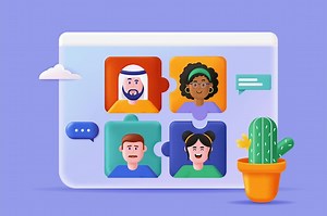 Teamwork concept 3d illustration icon composition with multiracial group of employees in video conference colleagues briefing and discus tasks online vector illustration for modern web design | Premium Vector