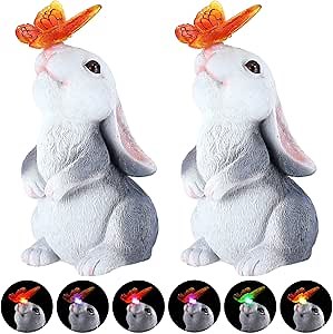 Retisee 2 Packs Easter Garden Bunny Statue Outdoor Rabbit with Solar Butterfly Changing Lights Rabbit Garden Figurine for Patio Yard Lawn Easter Birthday Gift