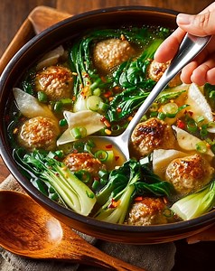2.3K views | Ginger Chicken Meatball Soup with Baby Bok Choy and Wonton Strips Recipe in First Coʍmеոτ  | Cuisine Corner | Facebook