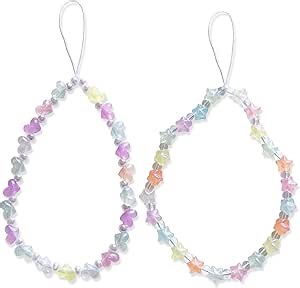 2PCS Beaded Phone Charm Cute Korean Style Colorful Shining Stars and Love Heart-Shaped Pearls Beaded Anti Lost Phone Chain Strap for Women Girls