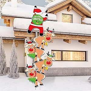 6.85ft Christmas Yard Decor Hanging Santa Claus and Climbing Deer Yard Decoration with StakesHanging Santa Reindeer Christmas Roof Sign Waterproof Christmas Lawn Sign for Xmas Outside Decor