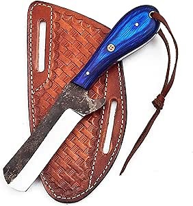 | Handmade 1095 High Carbon Steel Bull Cutter Knife, Cowboy Fixed Blade knife, Blue Exotic pakka Wood Handle, Pancake Leather Sheath Included (Blue Wood)