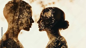 Double exposure valentine portrait of a couple man and woman in love, merging with the trees and nature, suggesting connection and harmony.