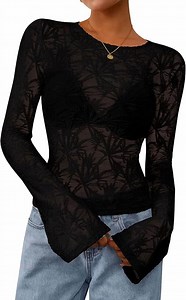 PRETTYGARDEN Womens Lace Long Bell Sleeve Tops Fall Sexy See Through Sheer Floral Blouse Shirt Fitted Going Out Outfits - Walmart.com