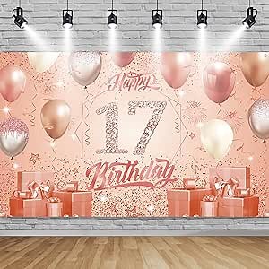 17th Birthday Decorations Rosegold, 17th Backdrop Banner Background Photo Booth Sign, 73×43Inch Extra Large Seventeen Birthday Banner for Girls 17th Birthday Anniversary Party Decor Supplies
