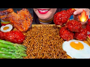 ASMR BLACK BEAN NOODLES, TOMAHAWK STEAK, SPICY FRIED CHICKEN, ASPARAGUS, MASSIVE Eating Sounds