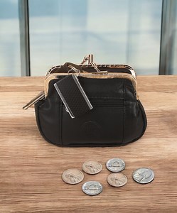 Leatherboss Women's Genuine Leather Metal Frame Double Clasp Zipper Coin Purse