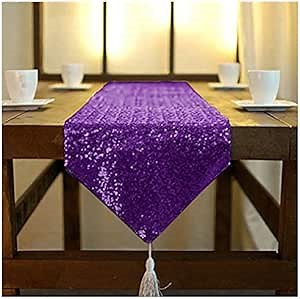 ShinyBeauty Sequin Table Runner with Tassel 12inx108in Purple, Dining Table Runner Sequin Hotel Coffee Table Runners or Wedding Party Decoration