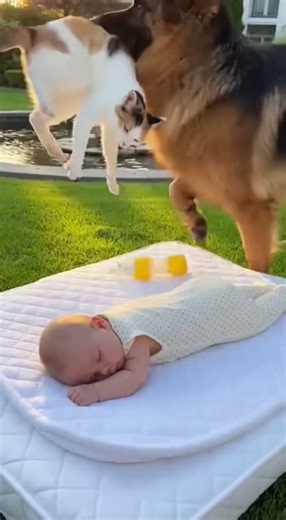 Peaceful Baby & Cat Nap Ruined by German Shepherd’s Wild Fountain Prank! 😂 #cat #cute #animals