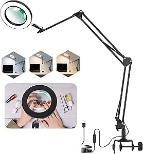 Magnifying Lamp, 5X Magnifying Glass with Light, Folding LED Desk Lamp with Clamp, 36“ Three-Section Long Swing Arms, Dimmable for Reading, Sewing, Art Nail, Office, Workbench