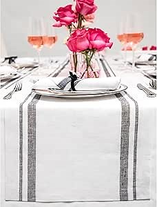 Solino Home Linen Table Runner 120 Inches Long - 100% Pure Linen Black and White French Stripe Table Runner 14 x 120 Inch for Dining, Spring, Summer, Mothers Day