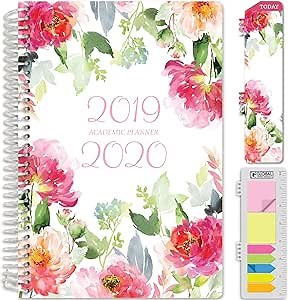 HARDCOVER Academic Planner 2019-2020: (June 2019 Through July 2020) 5.5"x8" Daily Weekly Monthly Planner Yearly Agenda. Bonus Bookmark, Pocket Folder and Sticky Note Set (Elegant Floral)