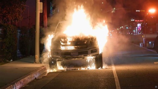Video shows crews battle Ford F150 engulfed in flames overnight in Van Nuys
