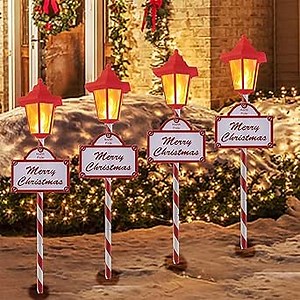 Christmas Solar Pathway Lights Outdoor - 4 Pack Waterproof Flickering Flames Candy Cane Stake Markers Lights, 12 Bright LED for Christmas Patio, Yard, Driveway Decoration(Red)
