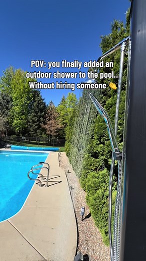 Solar heated outdoor shower that hooks up to the hose. No plumber needed! #outdoorshower #summervibes #poollandscaping #summer #tiktokshopdealsforyoudays