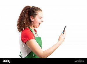 Young female supermarket employee or storekeeper making video call using smartphone as digital communication concept isolated on white background Stock Photo - Alamy