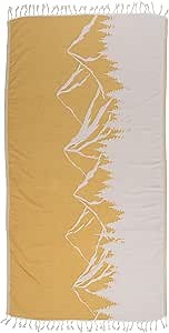 InfuseZen Turkish Towel with Mountain Landscape – 100% Organic Turkish Cotton - Sand Free Quick Dry Beach Peshtemal – Thin Reversible Absorbent Pool Hammam – Plus Size Gym, Travel Fouta (Mustard)