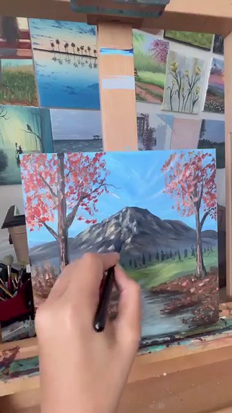 Fall landscape painting with acrylics #canvaspainting #art #artwork #acrylicpainting | Suzanqwqart