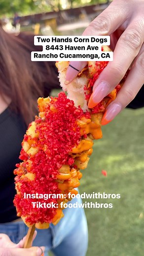 Two Hands Corn Dogs in Rancho Cucamonga, CA #corndogs #koreanfood #streetfood #cheese #mozzarella #hotcheetos #ranchocucamonga #inlandempire #reelsviral #reelsinstagram #fyp #instagood #foodporn #foodie #korean | Food With Bros