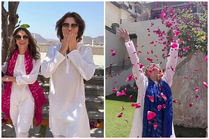 Elizabeth Hurley celebrates Holi with son Damian in Delhi