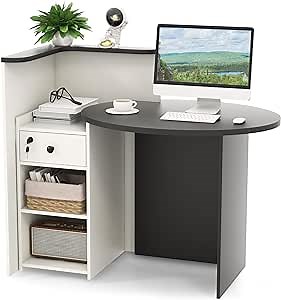 Reception Desk, Retail Checkout Counter with Lockable Drawer & Open Shelves, Home Office Desk with Private Panel, Modern Front Desk Reception Counter for Salon, Black & White