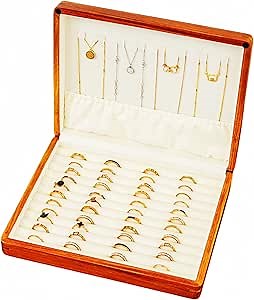 Ring Organizer Display Case, Soild Wood Cufflink Box with Velvet Lining, Wooden Jewelry Case for Rings Earrings Cuff link Stackable Vintage Gift for Men Women - Beige