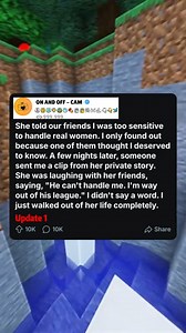 24K views · 176 reactions | She told our friends I was too sensitive to handle real women. I only found out because one of them thought I deserved to know. A few nights later, someone sent me a clip from her private story. She was laughing with her friends, saying, "He can't handle me. I'm way out of his league." I didn't say a word. I just walked out of her life completely. #storytelling #reddit #redditreadings #redditstories | On and Off-Cam | Facebook