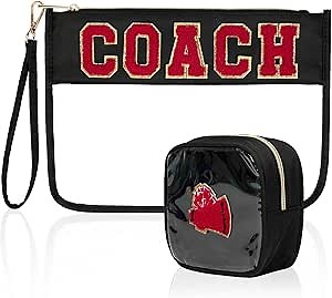 2 Pcs Clear Coach Makeup Bag,Chenille Letter Toiletry Pouch with Zipper Accessories,Waterproof PVC Travel Cosmetic Bags for Cheerleader Women
