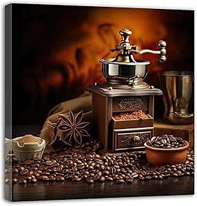 QIXIANG Kitchen Canvas Wall Art Brown Coffee Bean Picture Prints Food Paintings for Dining Room Restaurant Decor Framed（Kitchen A，20.00" x 20.00"）