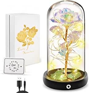 Glass Rose Flower Gifts for Her: Women Forever Rose for Birthday Anniversary Mother's Day Christmas, Galaxy Rose Flower Gift with Glass Dome & Led, Unique Gift Ideas for Girlfriend Wife Mom Grandma